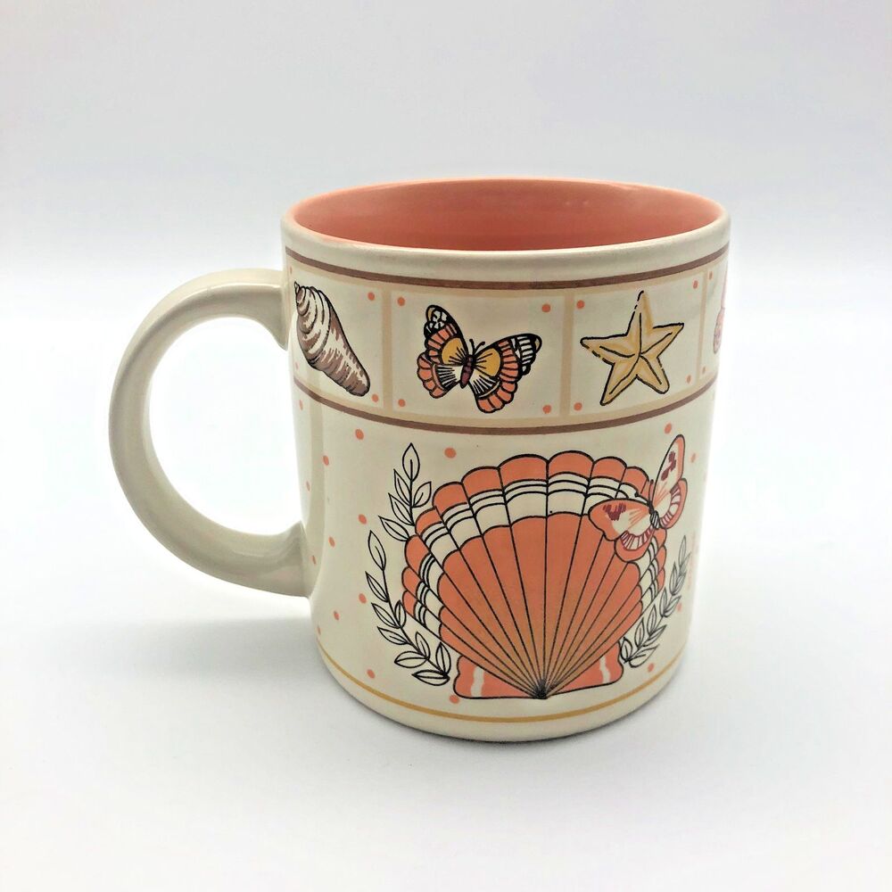 VINTAGE KIC Seashell Butterfly Coffee Tea Mug Peach Coastal Nautical Beach 80s